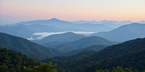 Fototapeta premium Great Smoky Mountains National Park panorama, Foggy blue ridge mountains.