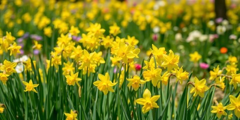 Obraz premium Beautiful field of vibrant yellow daffodil flowers blooming under the sunshine, yellow, beauty