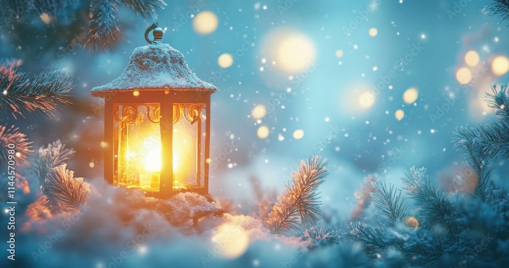 Poster a glowing lantern in the snow, surrounded by fir branches and sparkling lights, creates a charming w