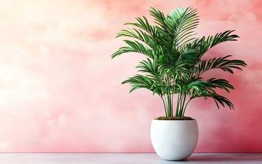Fototapeta premium A potted parlor palm plant against a pink wall.