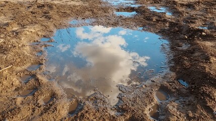 A dried mud puddle with footprints and a faint reflection of the sky