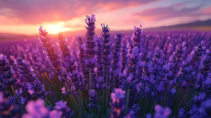 Naklejka premium Serenity at Dawn: Lavender Fields at Sunrise