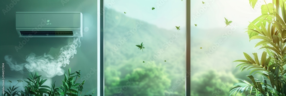 Aufkleber Air conditioner providing cool air with a view of greenery through an open window during a sunny day. Generative AI