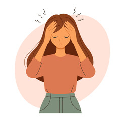 Young woman suffering from migraine holding head with hands. Sad woman with headache