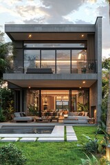 Obraz premium Modern two-story house with stunning poolside view at sunset