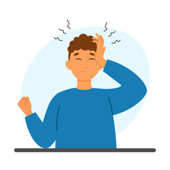 Illustration of a man with a headache, holding his head. Concept for symptoms of migraine or stress. Vector medical design.