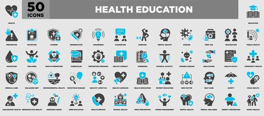 Health Education Icon Set Blue Grey