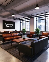 A modern office lounge featuring comfortable seating, large windows, plants, and a motivational wall sign reading 