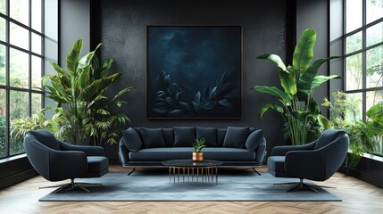 A modern living room with dark tones, plants, and stylish furniture for relaxation.
