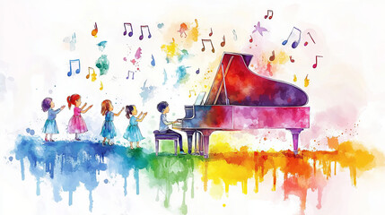 Obraz premium vibrant watercolor illustration of children singing joyfully while boy plays colorful grand piano, surrounded by floating musical notes and splashes of rainbow colors