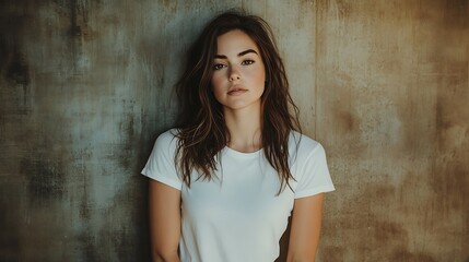 Fototapeta premium Woman in White T-Shirt Against a Textured Wall. AI Generated