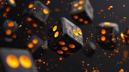A visually striking 3D render of black dice with glowing orange dots, surrounded by vibrant orange particles, creating a dynamic and futuristic ambiance.. AI Generation