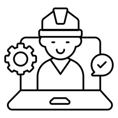 Avatar wearing hard hat inside laptop, icon of online labor