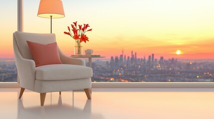 Sunset Cityscape View from Modern Apartment Armchair