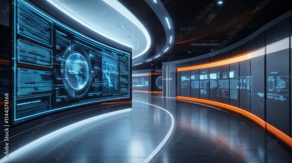 Poster futuristic digital workspace with interactive screens and data visualizations in a modern tech envir