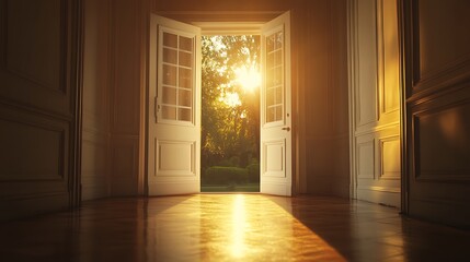 Golden Sunset Light Streaming Through Open French Doors in a Grand Mansion. AI Generated