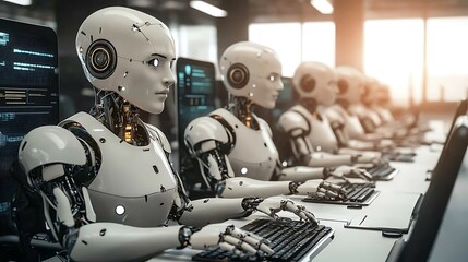 Fototapeta premium Advanced Humanoid Robots Working in a Modern Data Center. AI Generated