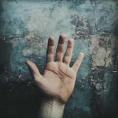 A single hand with fingers spread wide against a textured surface, showcasing natural imperfections and soft lighting 