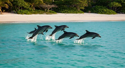 Fototapeta premium A group of dolphins jumping out of the water near a quiet, untouched beach