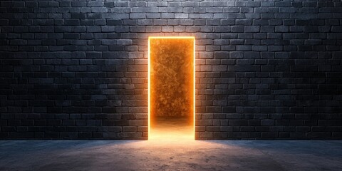 Personal Inspiration courage concept. Illuminated door in a dark stone wall creating a mysterious atmosphere.