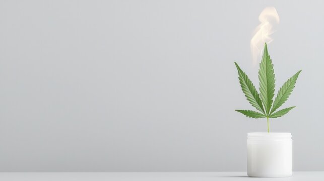 Burning cannabis leaf in a jar on grey background.