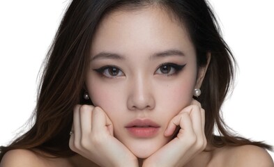 Fototapeta premium Photograph of a young Asian woman with long dark hair, wearing a black top, and gently touching her face. white background