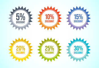 Product discount tag sticker set. Shopping discount label with 5, 10, 15, 20, 25, and 30 percent off