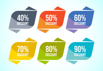 Product discount tag sticker set. Shopping discount label with 40, 50, 60, 70, 80, and 90 percent off