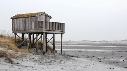 Wooden shelter on stilts overlooking a serene coastal landscape