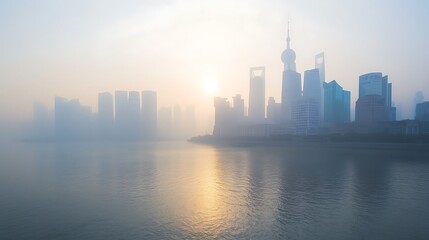 Naklejka premium A time-lapse of a city skyline becoming increasingly obscured by smog as greenhouse gas emissions rise. 