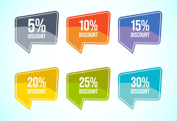 Product discount tag sticker set. Shopping discount label with 5, 10, 15, 20, 25, and 30 percent off