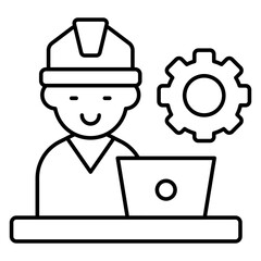 Avatar wearing hard hat in front of laptop, icon of labor