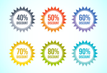 Product discount tag sticker set. Shopping discount label with 40, 50, 60, 70, 80, and 90 percent off