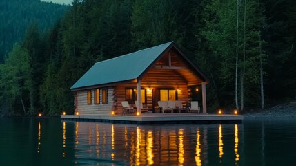 Cozy Wooden Cabin on a Serene Lake Surrounded by Lush Forest at Dusk Reflects Tranquility and Natural Beauty Illuminated by Soft Ambient Lights
