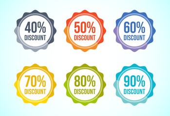 Product discount tag sticker set. Shopping discount label with 40, 50, 60, 70, 80, and 90 percent off