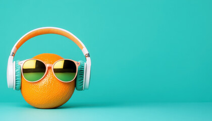funky orange wearing oversized headphones and reflective sunglasses, set against vibrant turquoise background, exudes playful and fun vibe