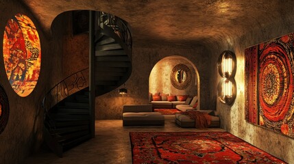 Cozy, modern interior with spiral staircase and artwork.