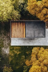 Modern architectural structure nestled in lush greenery, showcasing the harmony between design and nature, taken