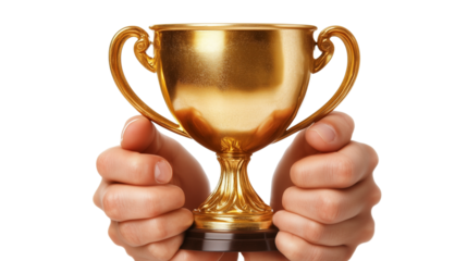   A Close-up of hands holding a golden trophy cup, isolated on Transparent PNG format Background.