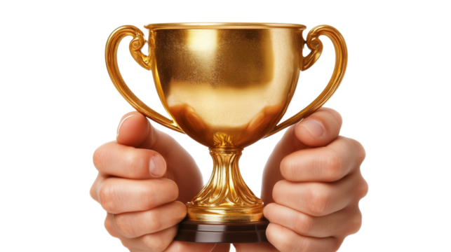 A Close-up of hands holding a golden trophy cup, isolated on Transparent PNG format Background.