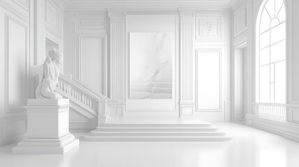 Fototapeta premium White hall interior mockup wide photo art display. AI Generated