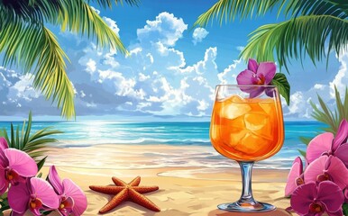 Enjoying a tropical drink on a sunny beach with palm trees, vibrant flowers, and a clear blue sky