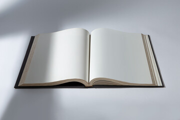 Open empty white paper book laying on white background