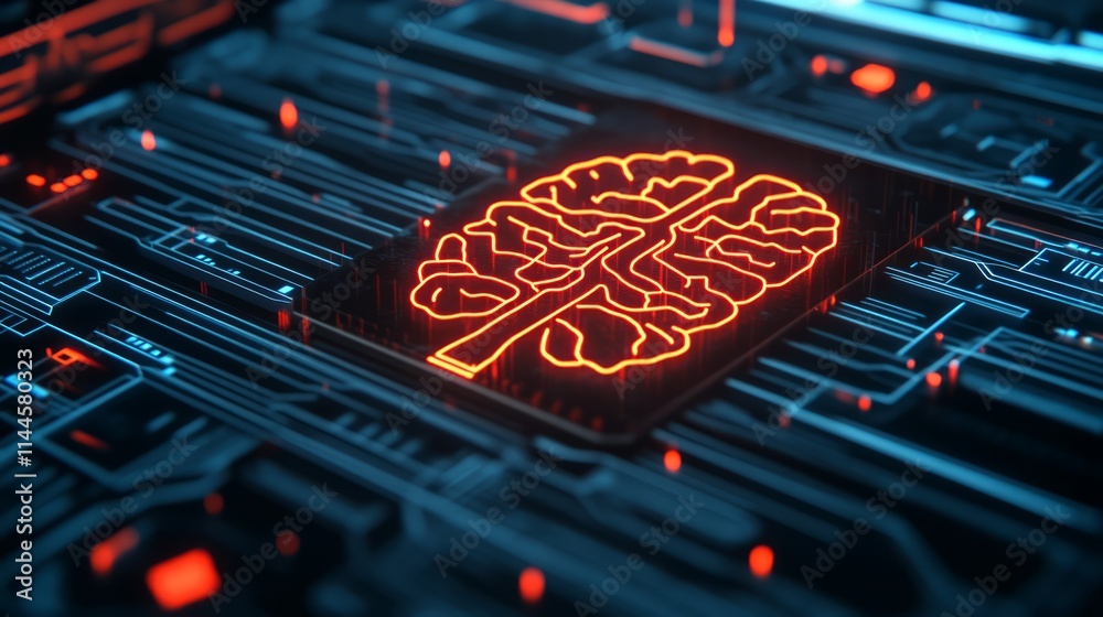 Poster futuristic digital brain concept on circuit board with neon glow representing artificial intelligenc