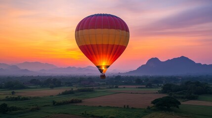 Obraz premium Colorful hot air balloon soaring over picturesque landscape during stunning sunrise, illuminating tranquil fields, mountains, and serene skies in soft pastel tones