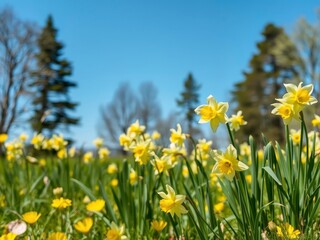 Fototapeta premium Field of vibrant yellow daffodil flowers in full bloom under a clear blue sky, wild, scenic, rural