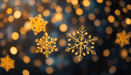 Shimmering golden snowflakes on a bokeh background, evoking a warm and festive holiday spirit.