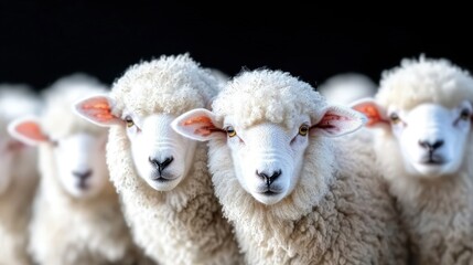 Obraz premium Fluffy white sheep in a close-up portrait looking forward with a shallow depth of field against a black background.