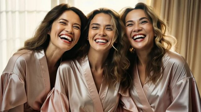Elegant friends share joyful moments in luxurious robes during a sunny gathering