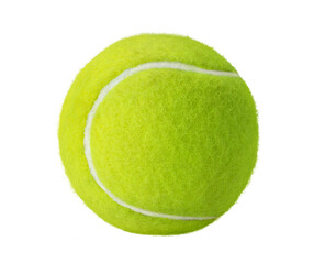 Close-up of a vibrant neon yellow tennis ball isolated on white background